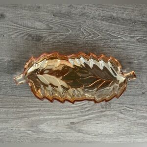 Vintage marigold carnival glass leaf-shaped candy or nut dish